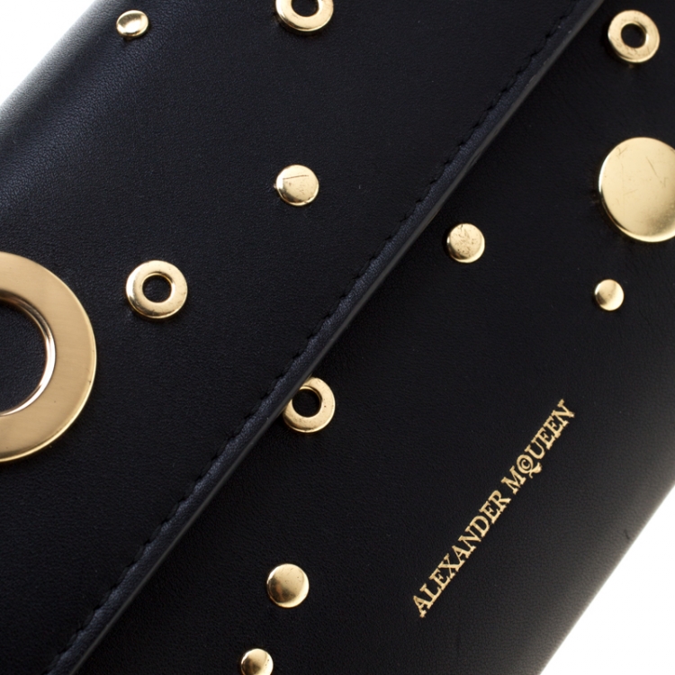 Pre Owned Alexander McQueen Black Leather Eyelet and Stud Wallet On Chain
