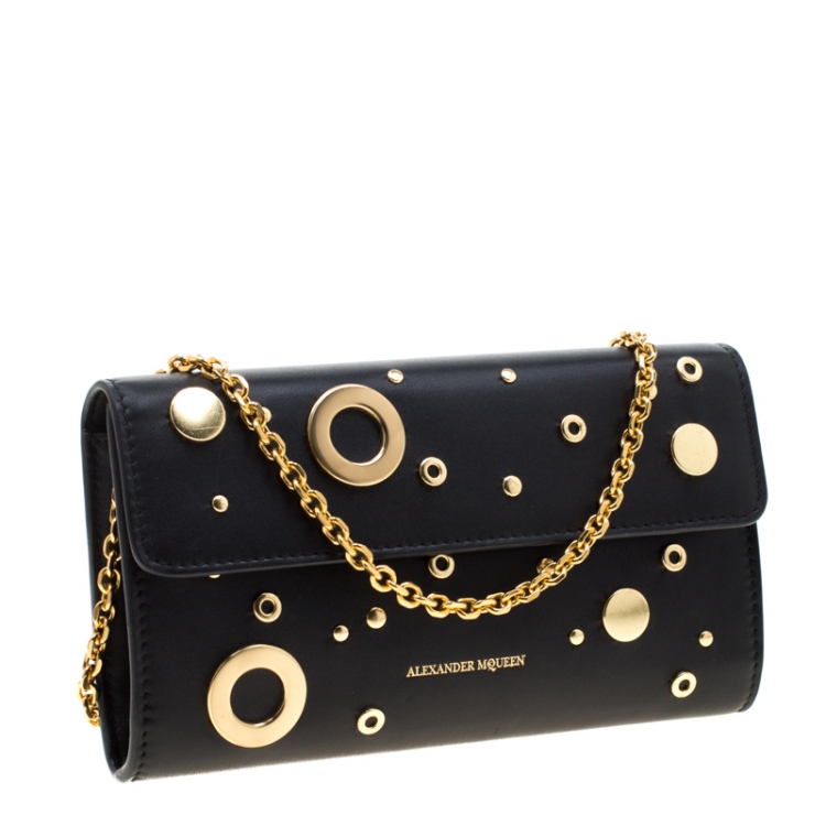 Pre Owned Alexander McQueen Black Leather Eyelet and Stud Wallet On Chain