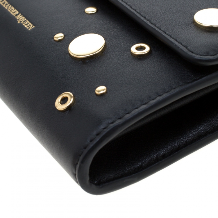 Pre Owned Alexander McQueen Black Leather Eyelet and Stud Wallet On Chain