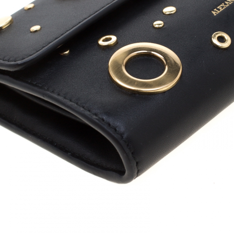 Pre Owned Alexander McQueen Black Leather Eyelet and Stud Wallet On Chain