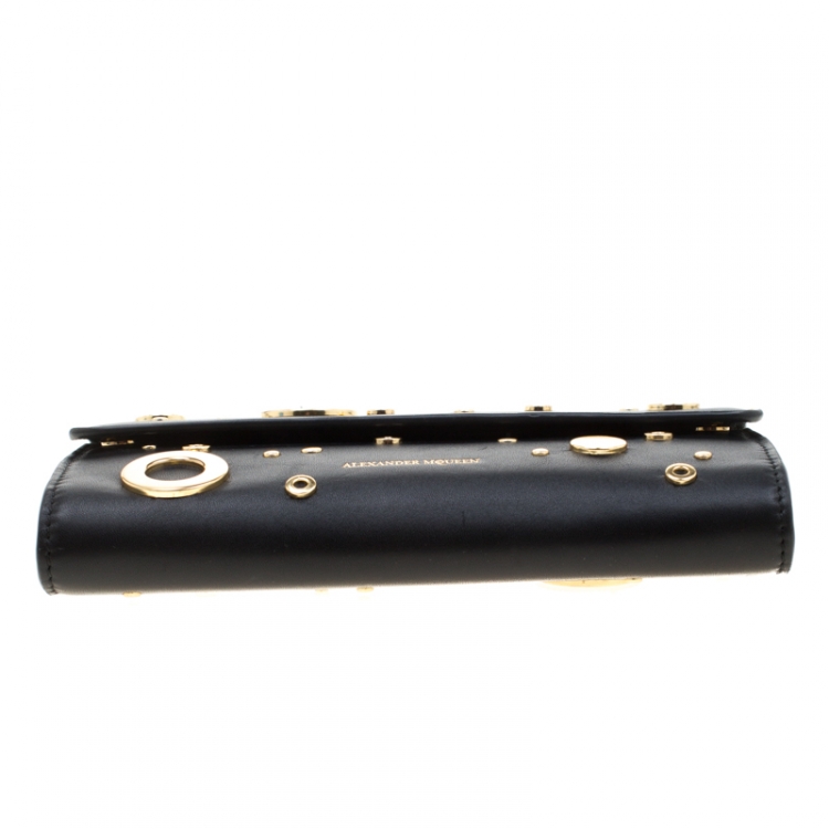 Pre Owned Alexander McQueen Black Leather Eyelet and Stud Wallet On Chain