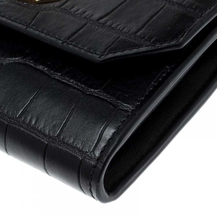 Pre Owned Alexander McQueen Black Croc Embossed Leather Medium Box Lock Continental Wallet