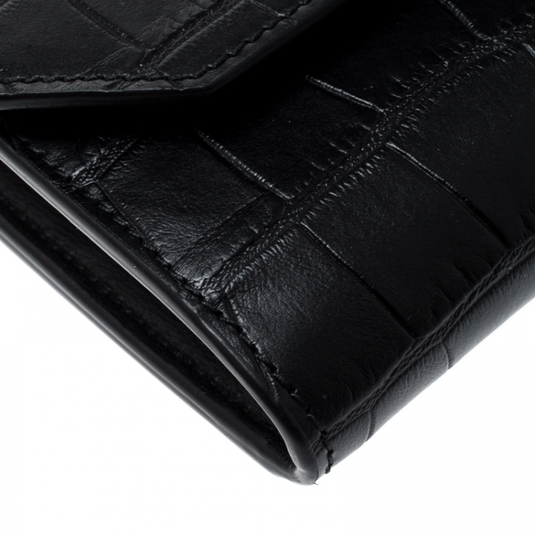 Pre Owned Alexander McQueen Black Croc Embossed Leather Medium Box Lock Continental Wallet