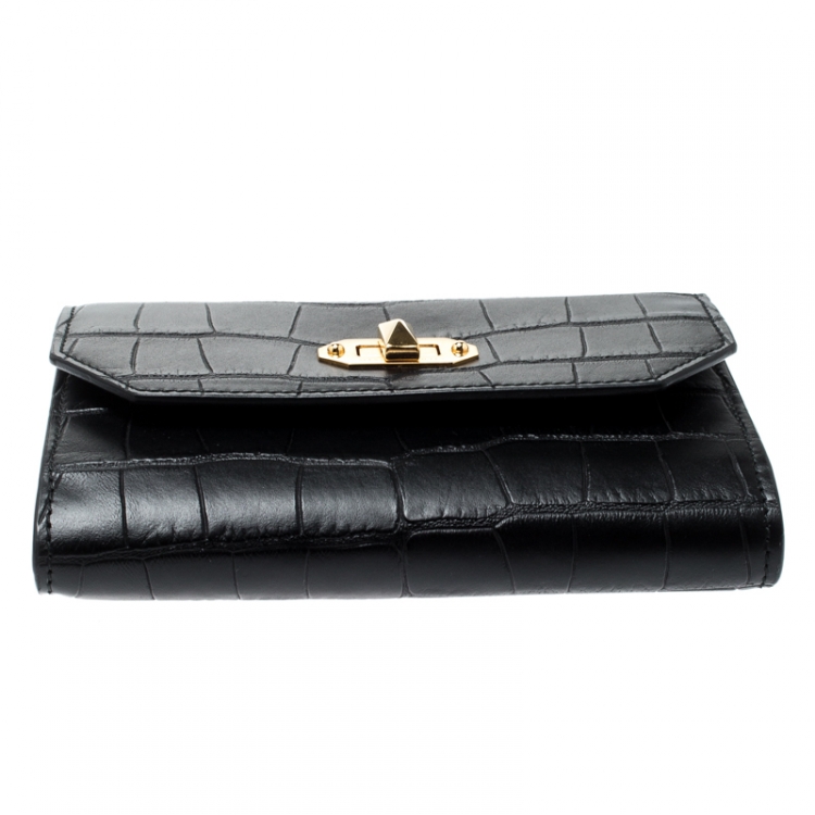 Pre Owned Alexander McQueen Black Croc Embossed Leather Medium Box Lock Continental Wallet