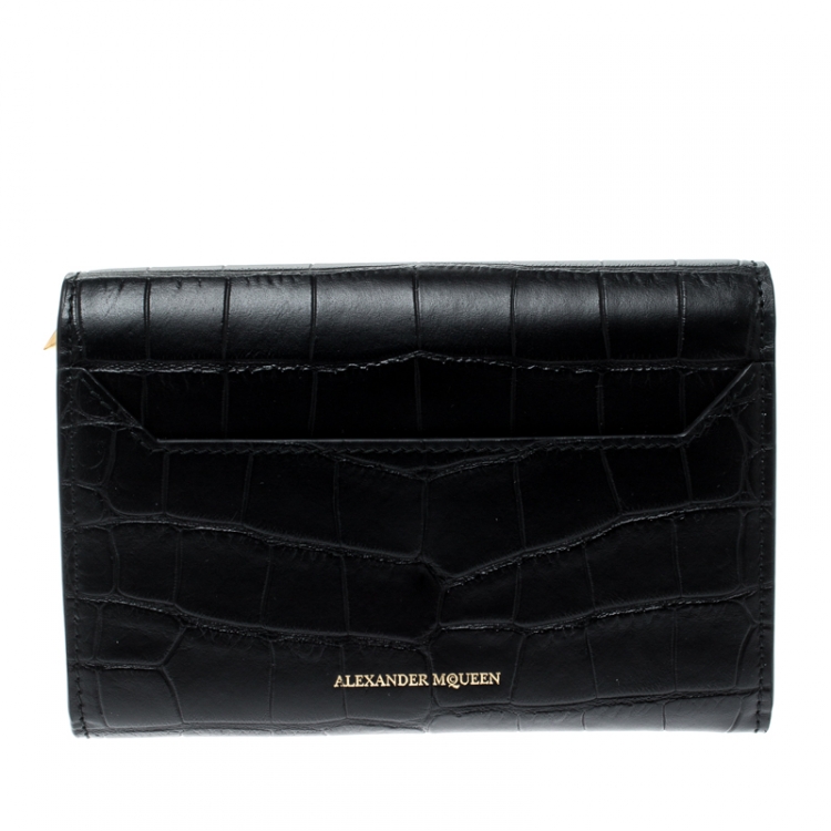 Pre Owned Alexander McQueen Black Croc Embossed Leather Medium Box Lock Continental Wallet