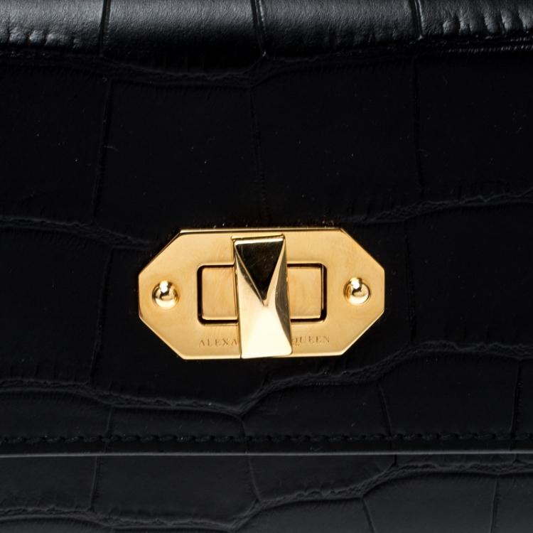 Pre Owned Alexander McQueen Black Croc Embossed Leather Medium Box Lock Continental Wallet