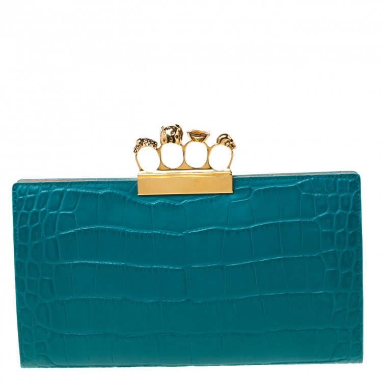 Pre Owned Alexander McQueen Green Embossed Croc Leather Skull Knuckle Duster Clutch