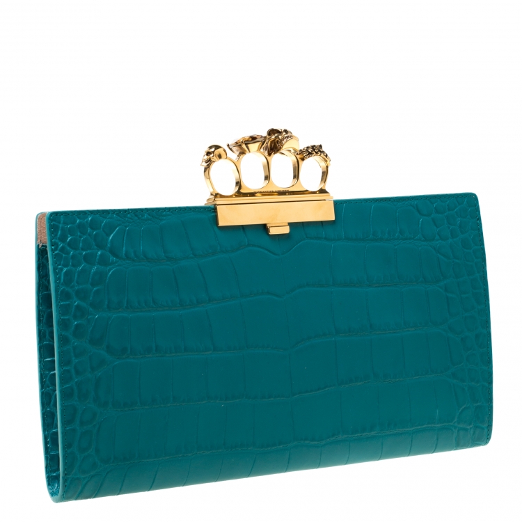 Pre Owned Alexander McQueen Green Embossed Croc Leather Skull Knuckle Duster Clutch