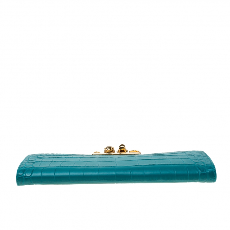 Pre Owned Alexander McQueen Green Embossed Croc Leather Skull Knuckle Duster Clutch