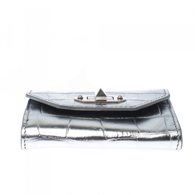 Pre Owned Alexander McQueen Silver Croc Embossed Leather Business Card Holder