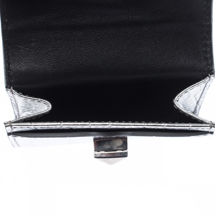 Pre Owned Alexander McQueen Silver Croc Embossed Leather Business Card Holder