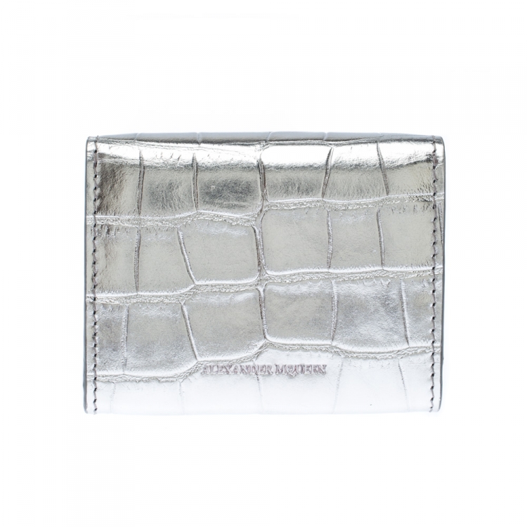 Pre Owned Alexander McQueen Silver Croc Embossed Leather Business Card Holder