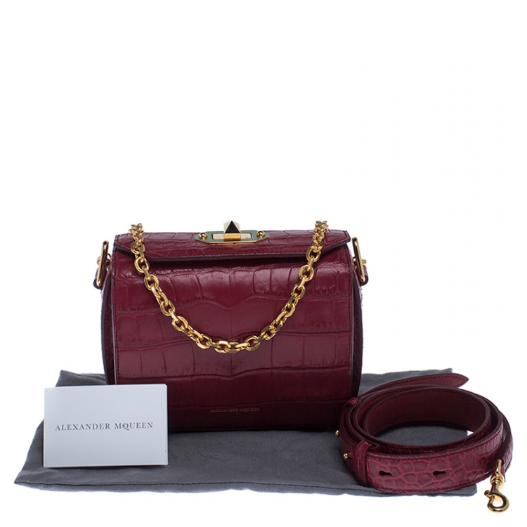 Pre Owned Alexander McQueen Red Croc Embossed Leather Box Shoulder Bag 