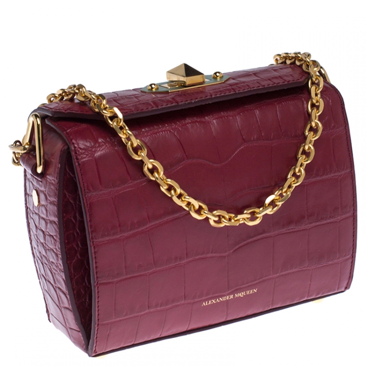 Pre Owned Alexander McQueen Red Croc Embossed Leather Box Shoulder Bag 