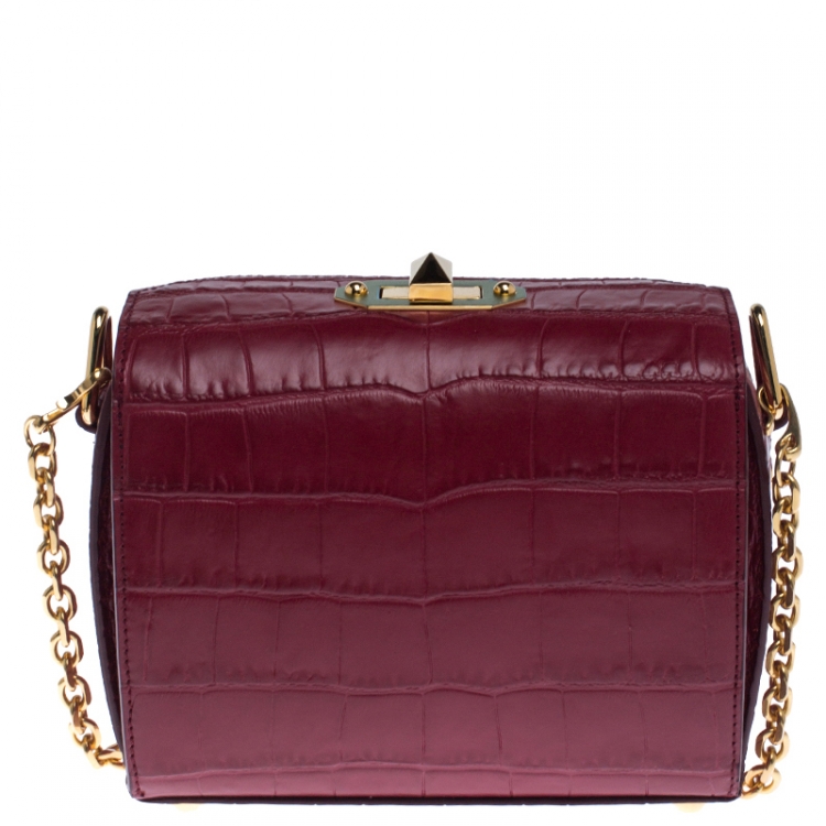 Pre Owned Alexander McQueen Red Croc Embossed Leather Box Shoulder Bag 