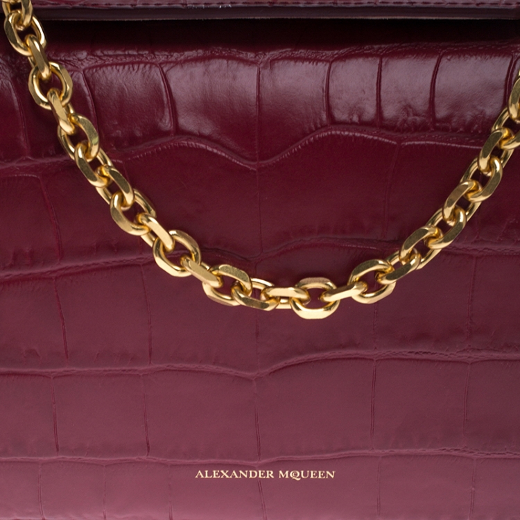 Pre Owned Alexander McQueen Red Croc Embossed Leather Box Shoulder Bag 