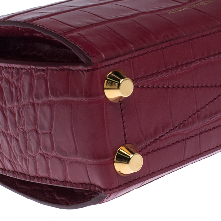 Pre Owned Alexander McQueen Red Croc Embossed Leather Box Shoulder Bag 