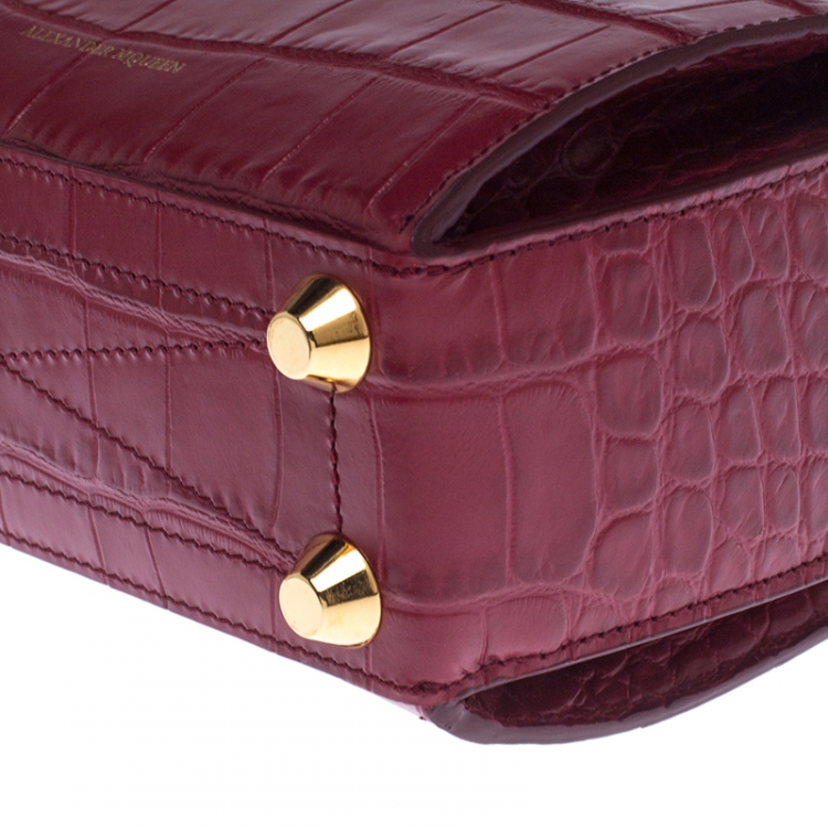 Pre Owned Alexander McQueen Red Croc Embossed Leather Box Shoulder Bag 