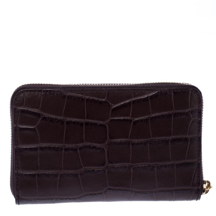 Pre Owned Alexander McQueen Burgundy Croc Embossed Leather Zip Around Wallet