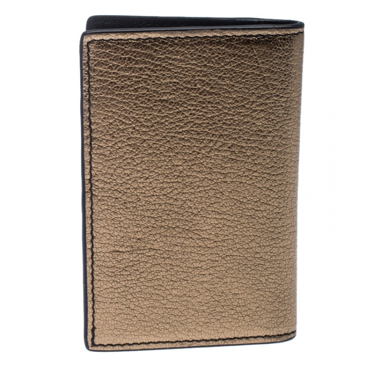 Pre Owned Alexander McQueen Metallic Gold Leather Skull Bifold Card Holder 