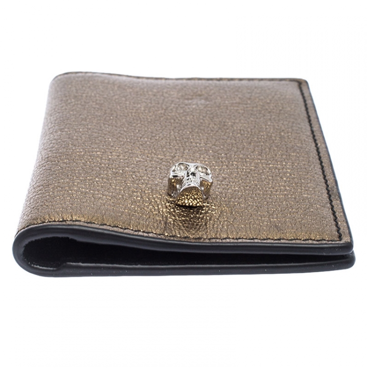 Pre Owned Alexander McQueen Metallic Gold Leather Skull Bifold Card Holder 