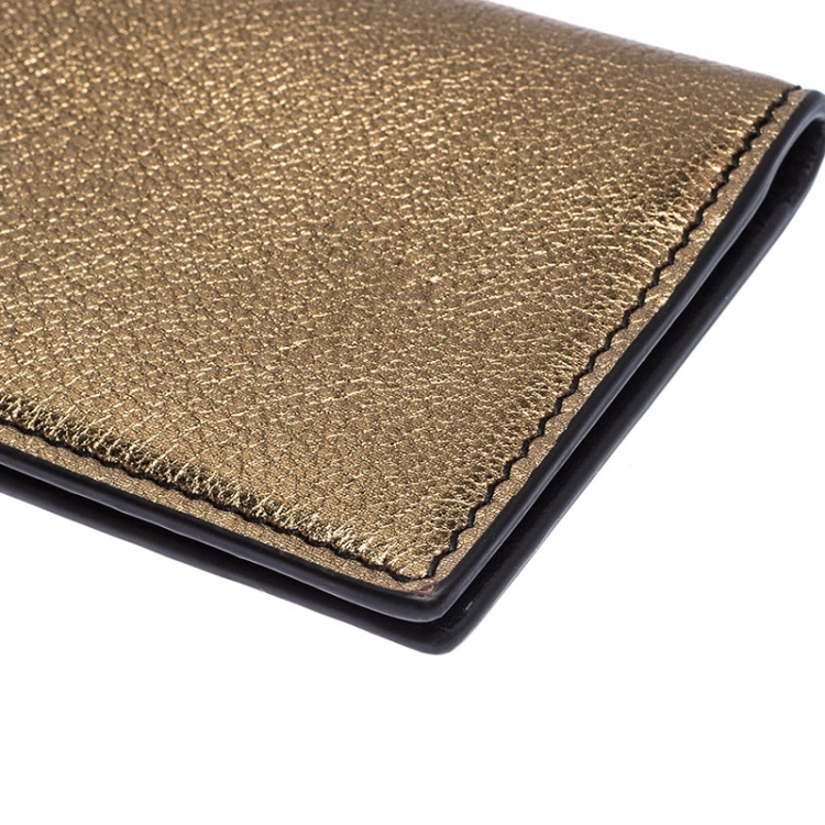 Pre Owned Alexander McQueen Metallic Gold Leather Skull Bifold Card Holder 