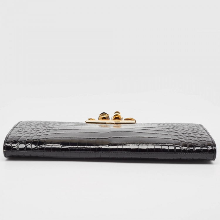 Pre Owned Alexander McQueen Black Croc Embossed Glossy Leather Knuckle Clutch