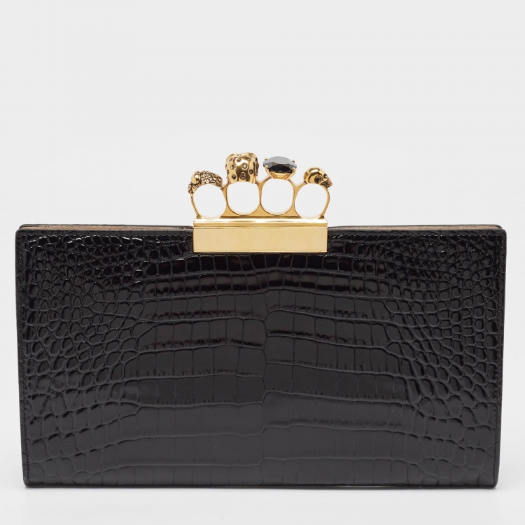 Pre Owned Alexander McQueen Black Croc Embossed Glossy Leather Knuckle Clutch