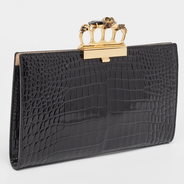 Pre Owned Alexander McQueen Black Croc Embossed Glossy Leather Knuckle Clutch