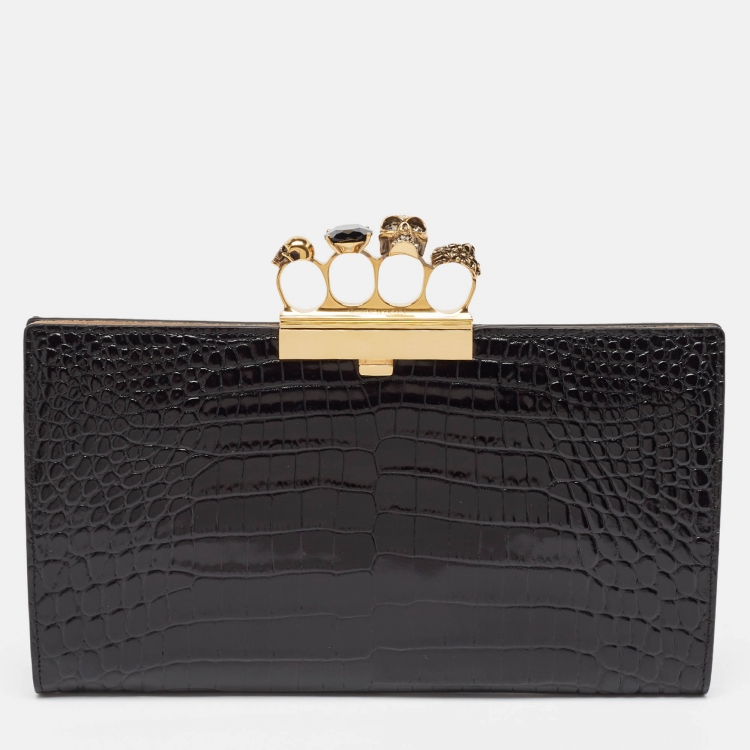 Pre Owned Alexander McQueen Black Croc Embossed Glossy Leather Knuckle Clutch