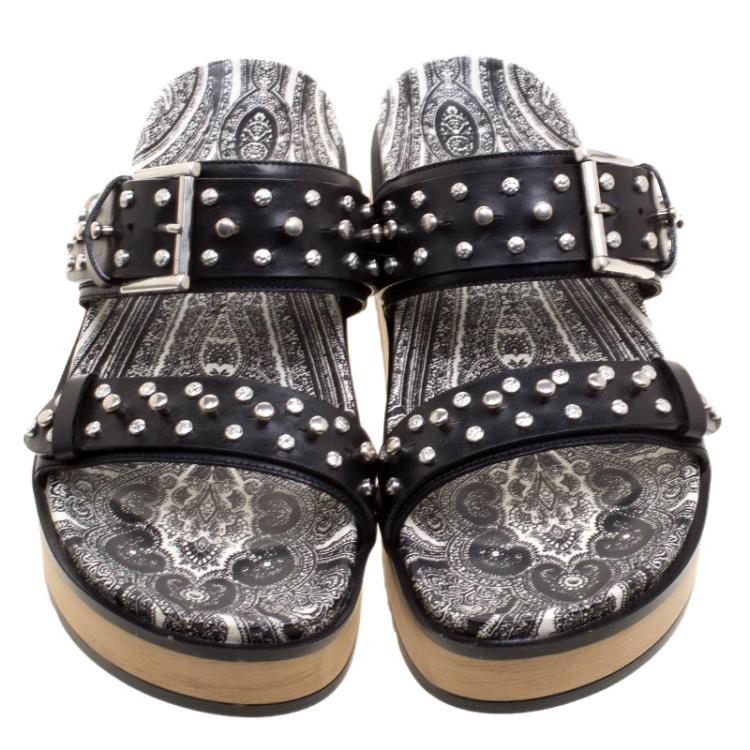مملوكة مسبقًا Alexander McQueen Black Studded Leather Paisley Platform Slides Size 38