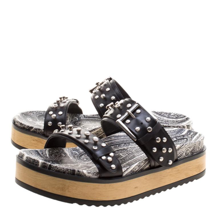 مملوكة مسبقًا Alexander McQueen Black Studded Leather Paisley Platform Slides Size 38