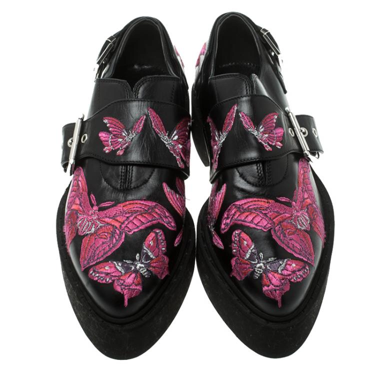 Pre Owned Alexander McQueen Black Butterfly Embroidered Leather Monk Strap Platform Loafers Size 37