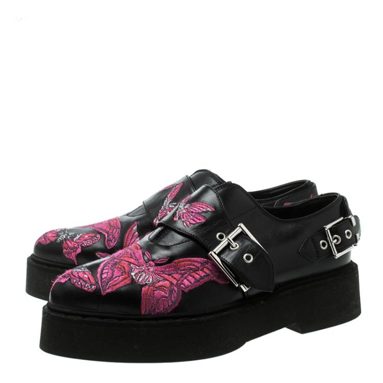 Pre Owned Alexander McQueen Black Butterfly Embroidered Leather Monk Strap Platform Loafers Size 37