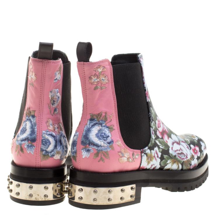 Pre Owned Alexander McQueen Multicolor Floral Print Patch and Embroidered Leather Chelsea Boots Size 37