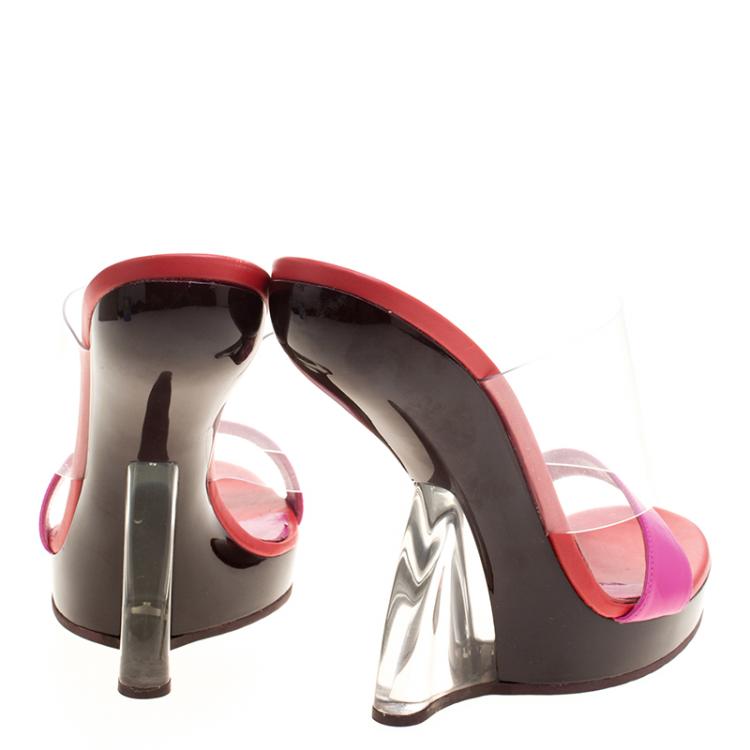 Pre Owned Alexander McQueen Pink Leather and PVC Bold Plexi Heel Peep Toe Wedge Sandals Size 40