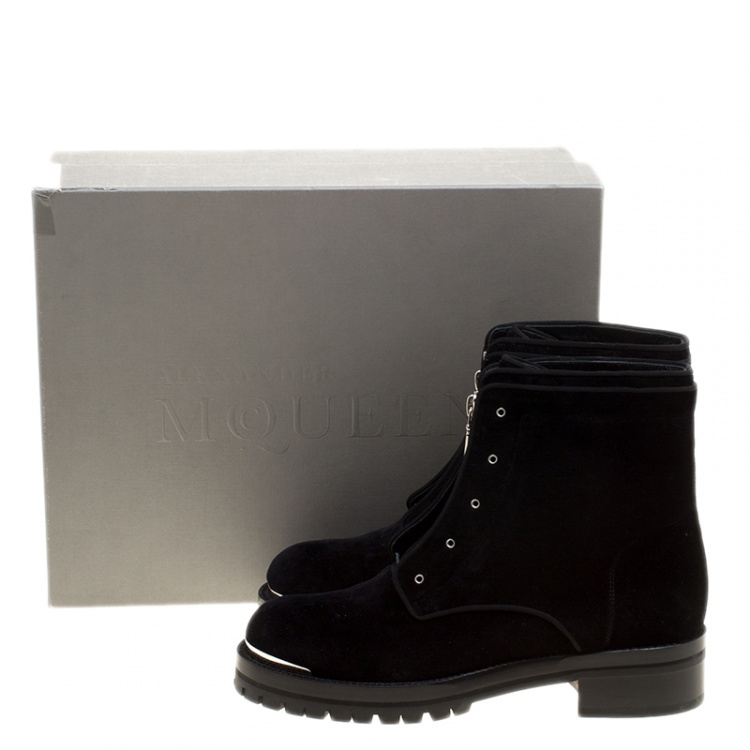 Pre Owned Alexander McQueen Black Velvet Biker Boots Size 41