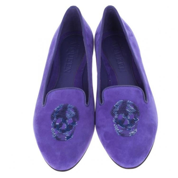 Pre Owned Alexander McQueen Purple Velvet Sequin Skull Smoking Slippers Size 39.5