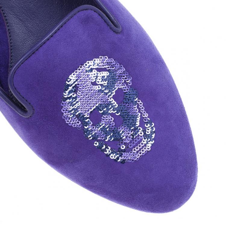 Pre Owned Alexander McQueen Purple Velvet Sequin Skull Smoking Slippers Size 39.5