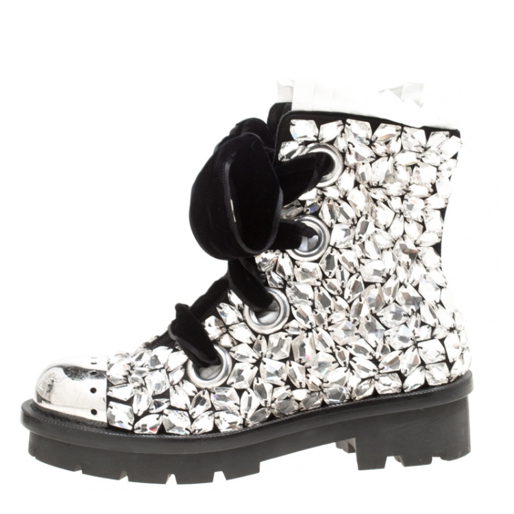 Pre Owned Alexander McQueen Black Suede All Over Crystals Pleat Trim Platform Biker Boots Size 39