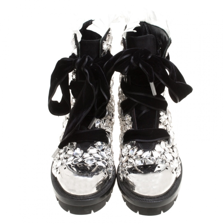 Pre Owned Alexander McQueen Black Suede All Over Crystals Pleat Trim Platform Biker Boots Size 39