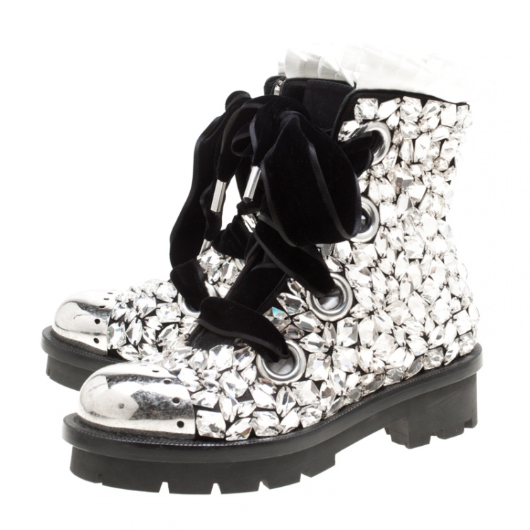 Pre Owned Alexander McQueen Black Suede All Over Crystals Pleat Trim Platform Biker Boots Size 39