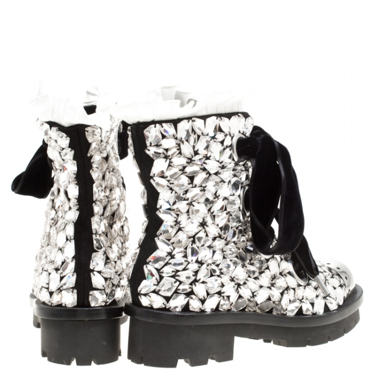 Pre Owned Alexander McQueen Black Suede All Over Crystals Pleat Trim Platform Biker Boots Size 39