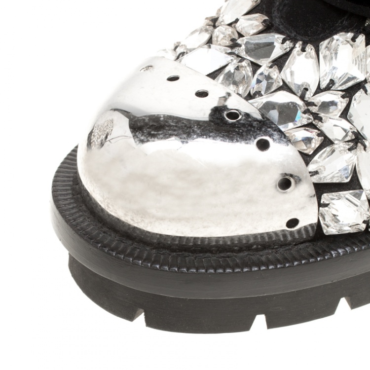 Pre Owned Alexander McQueen Black Suede All Over Crystals Pleat Trim Platform Biker Boots Size 39