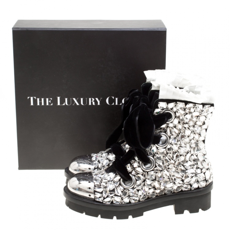 Pre Owned Alexander McQueen Black Suede All Over Crystals Pleat Trim Platform Biker Boots Size 39