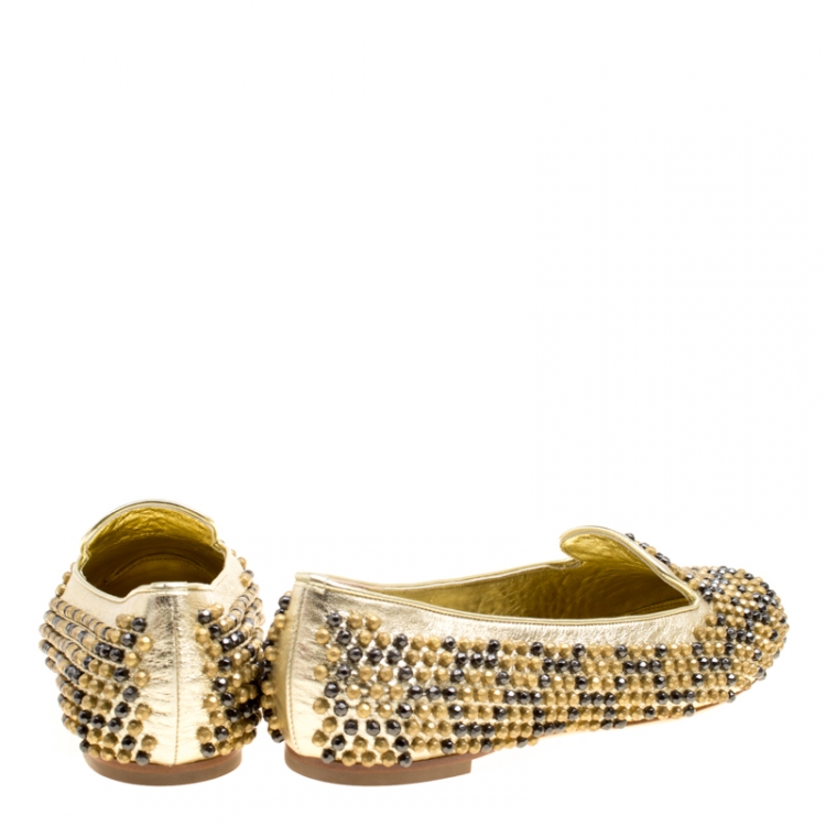 Pre Owned Alexander McQueen Metallic Gold Studded Leather Smoking Slippers Size 40