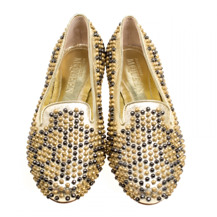 Pre Owned Alexander McQueen Metallic Gold Studded Leather Smoking Slippers Size 40