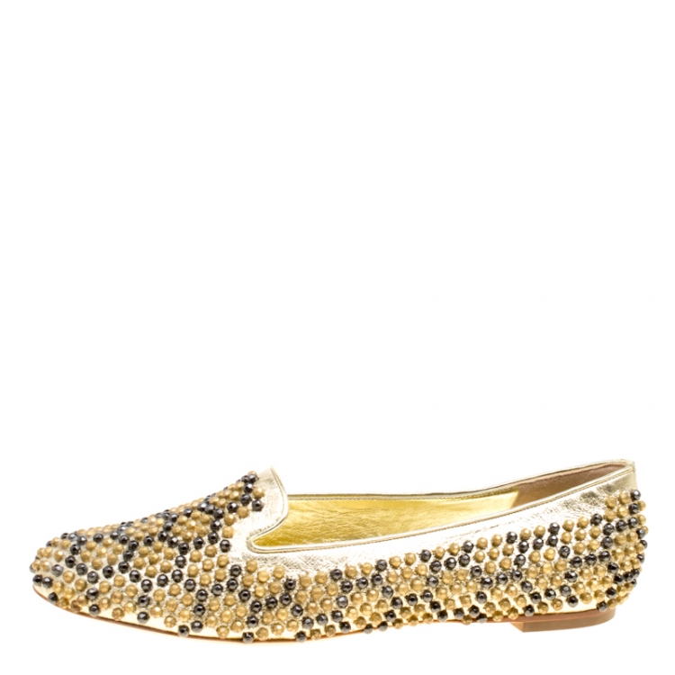 Pre Owned Alexander McQueen Metallic Gold Studded Leather Smoking Slippers Size 40