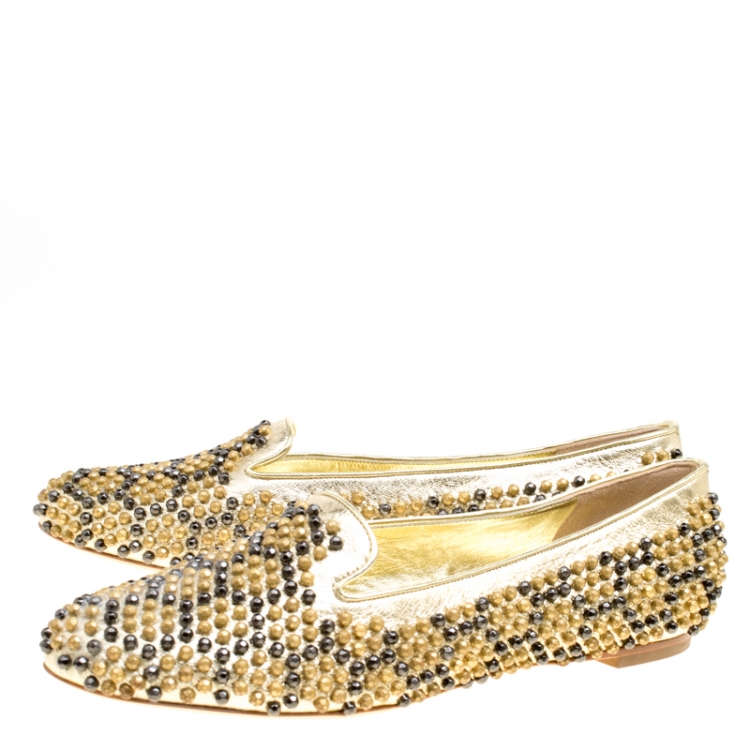 Pre Owned Alexander McQueen Metallic Gold Studded Leather Smoking Slippers Size 40