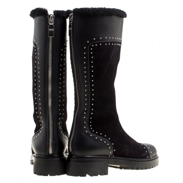Pre Owned Alexander McQueen Black Suede and Leather Studded Shearling Fur-Lined Mid Calf Boots Size 39